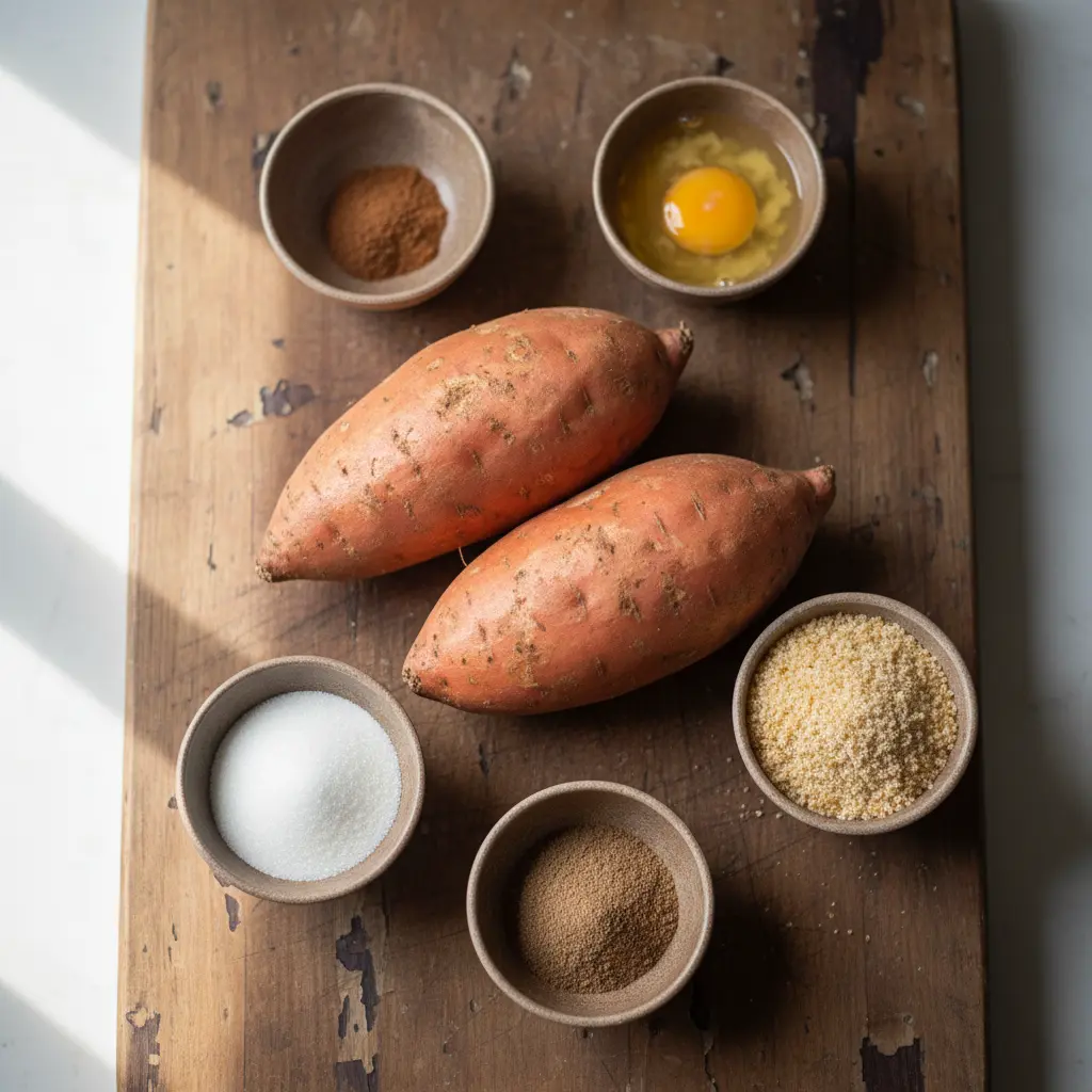 Ingredientes crudos para croquetas dulces de boniato: boniatos, especias, huevos y pan rallado.