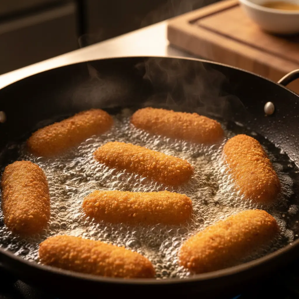 Croquetas de Yuca Criolla Fritas Croquetas de yuca criolla doradas friéndose en aceite caliente, textura crujiente.
