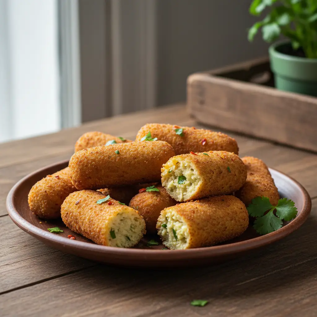 Croquetas de Yuca Criolla: Delicia Dorada Croquetas de yuca criolla fritas, doradas y crujientes, con relleno tierno y hierbas.
