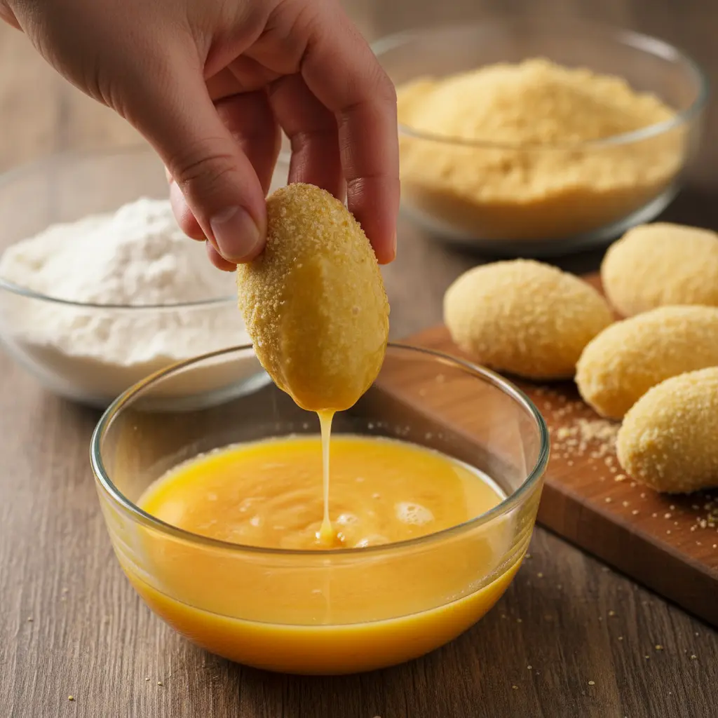 Proceso de rebozado de croquetas de yuca criolla Mano rebozando croqueta de yuca criolla en huevo para freír.