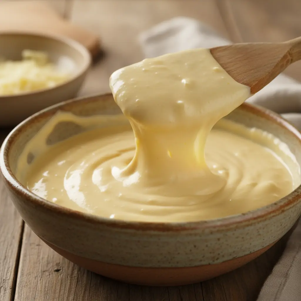 Bechamel cremosa con queso fundido, textura densa y elástica en cuenco rústico.