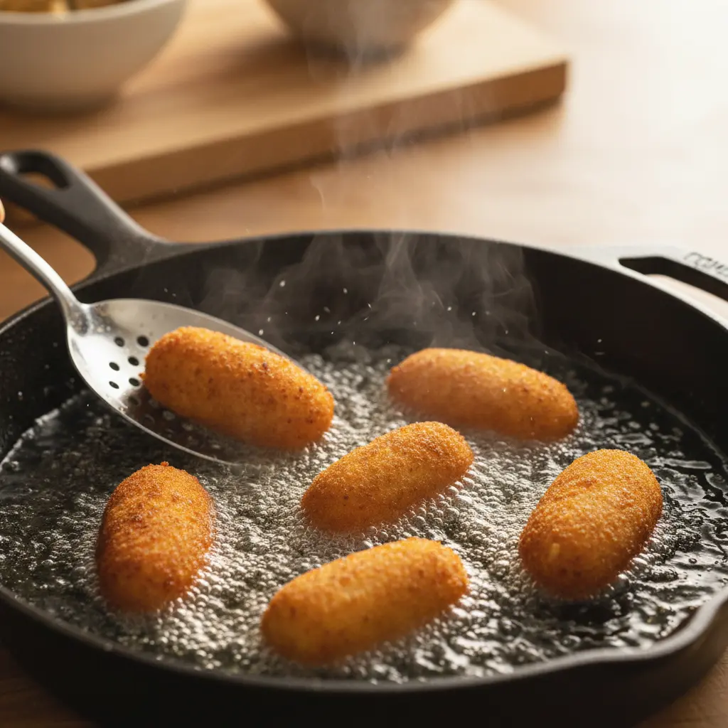 Croquetas de queso doradas friéndose en aceite burbujeante, con cuchara volteando una.