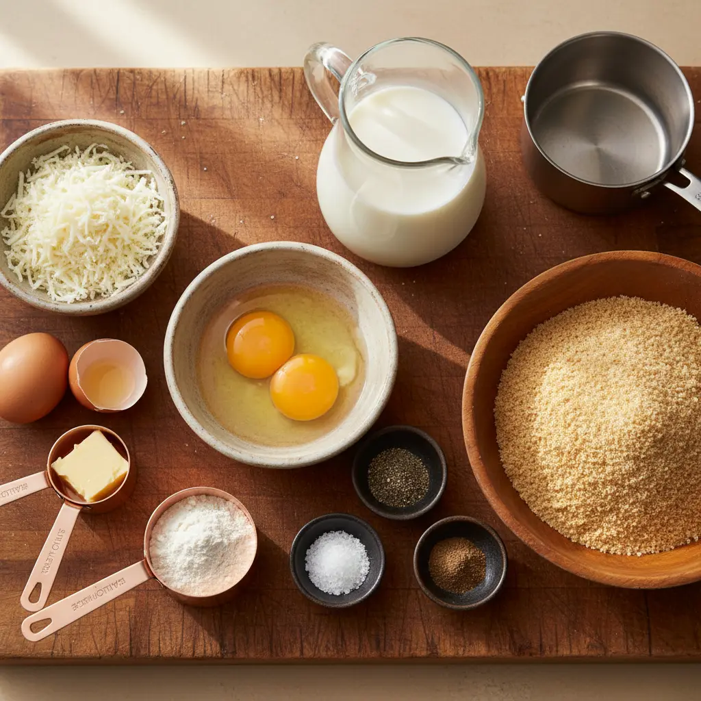 Ingredientes frescos para croquetas de queso cubanas: queso rallado, huevos, leche, mantequilla, harina, especias.