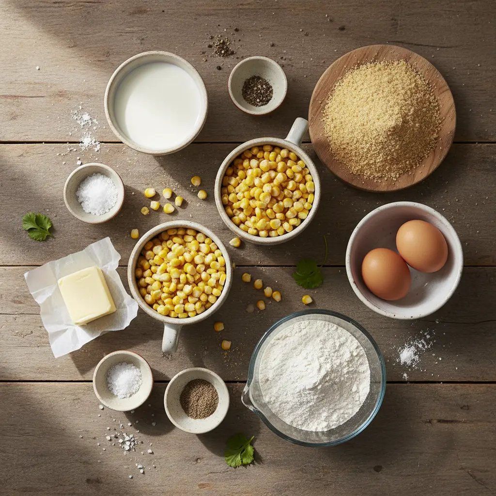 Ingredientes frescos para croquetas de maíz cubanas: maíz amarillo, leche, mantequilla, harina, sal, nuez moscada, huevos y pan rallado.