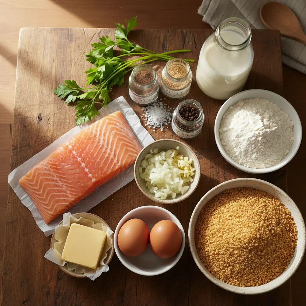 Ingredientes frescos para croquetas de salmón: salmón crudo, cebolla, ajo, mantequilla, leche, harina, perejil, huevos, pan rallado.
