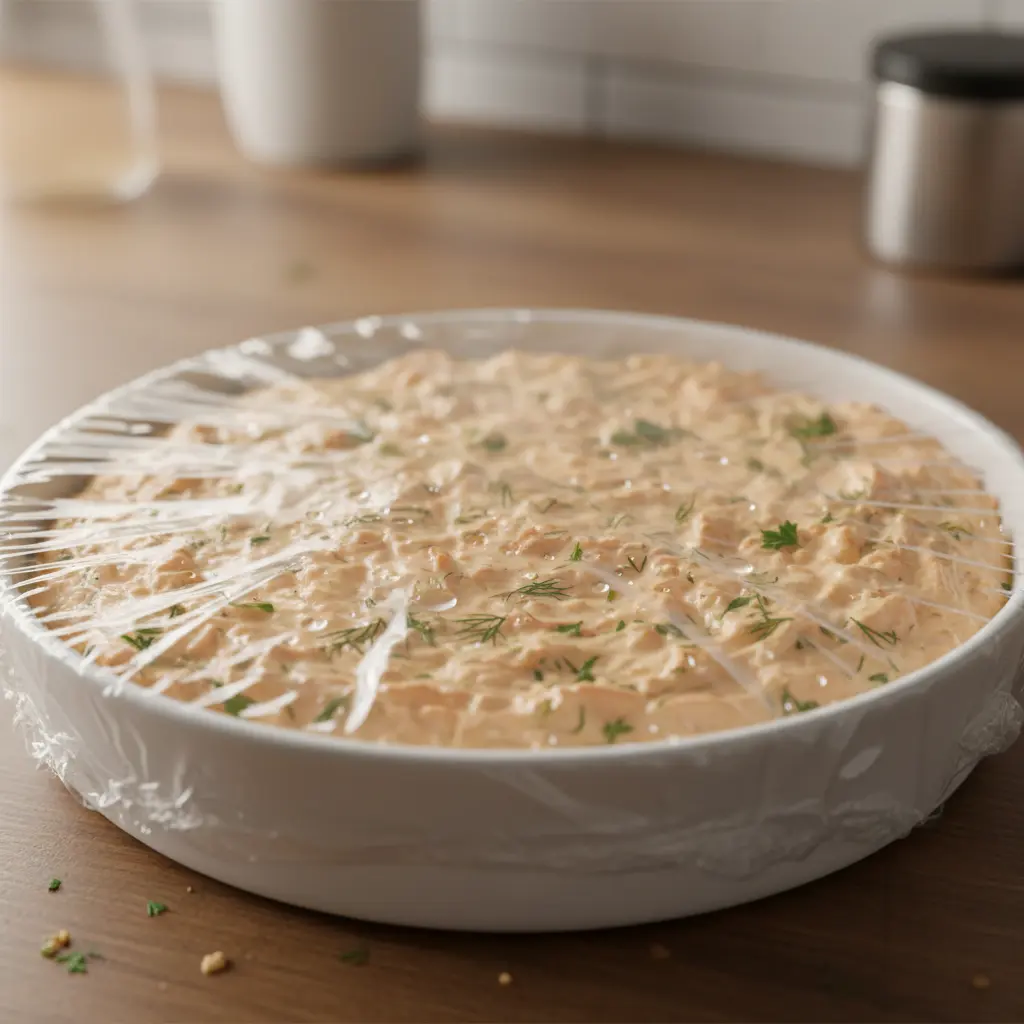 Relleno cremoso de salmón para croquetas, con trozos de pescado y hierbas.