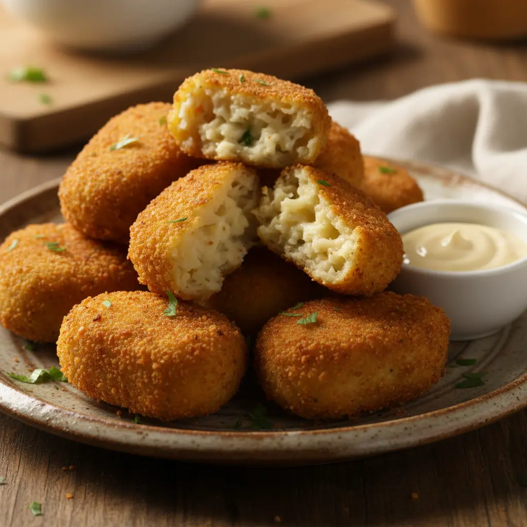 Croquetas doradas de arroz blanco fritas, crujientes por fuera, tiernas por dentro, con alioli.