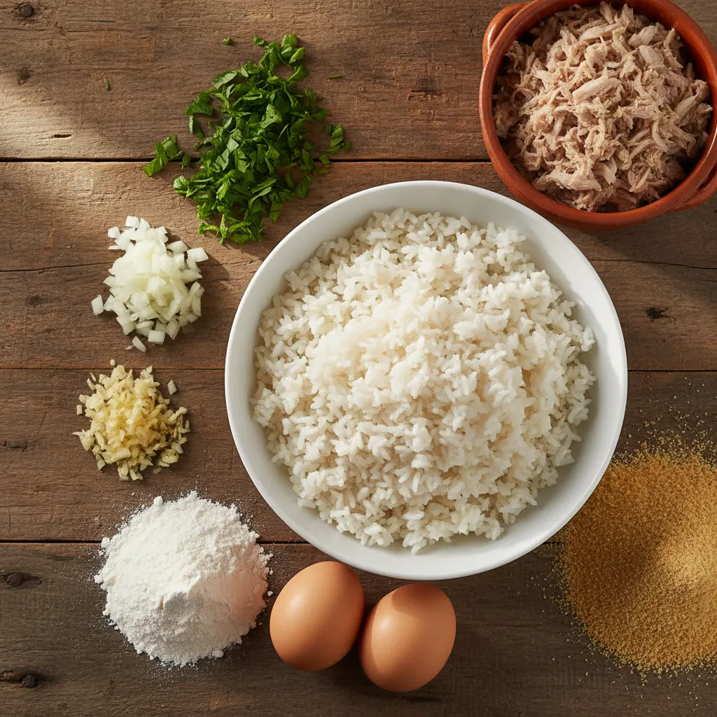 Ingredientes para croquetas de arroz blanco cubano: arroz, cebolla, ajo, perejil, huevos, harina, pan rallado, cerdo/pollo deshebrado.