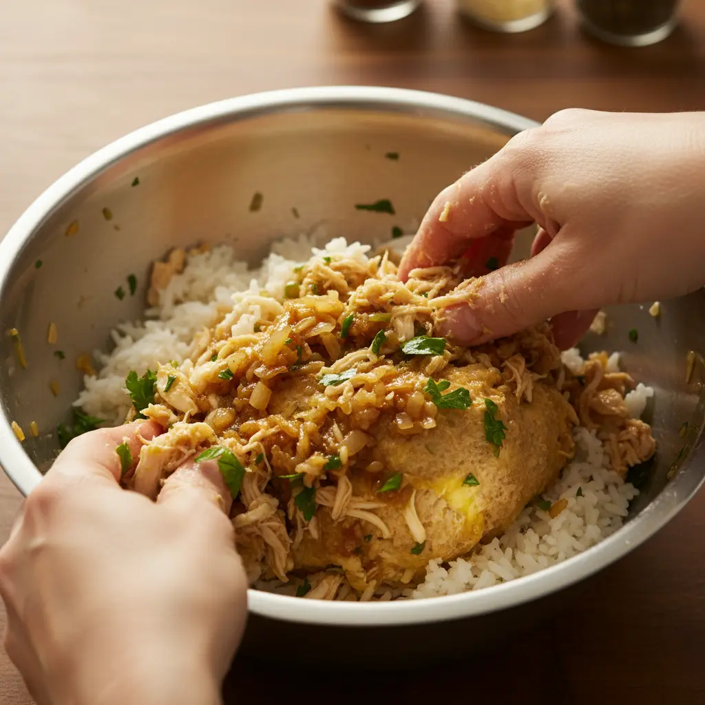 Manos mezclan arroz blanco, pollo deshebrado, sofrito, perejil y huevo para masa.