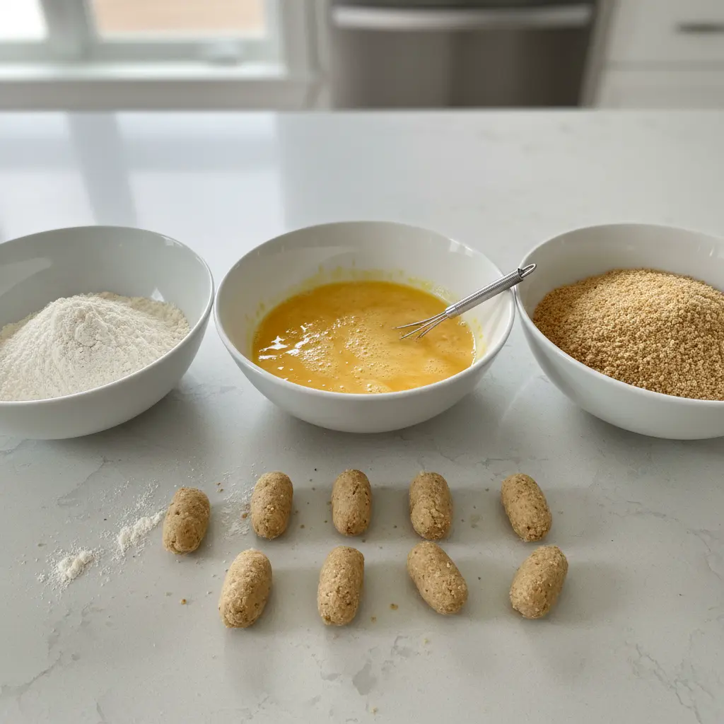 Tres boles con harina, huevo batido y pan rallado para rebozar croquetas.