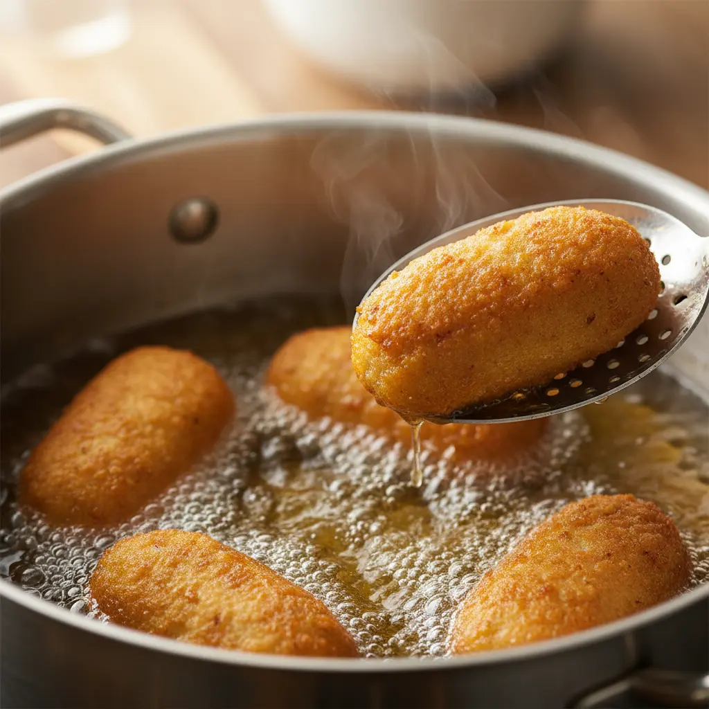Croquetas doradas sin gluten friéndose en aceite caliente, textura crujiente.