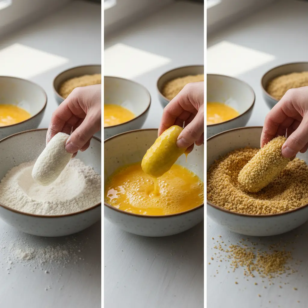 Croquetas sin gluten: paso a paso enharinadas, rebozadas en huevo y pan rallado.