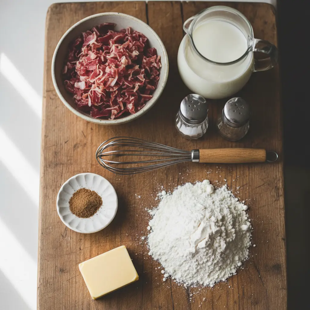 Ingredientes para croquetas sin gluten: jamón serrano, leche, arroz, mantequilla y especias.