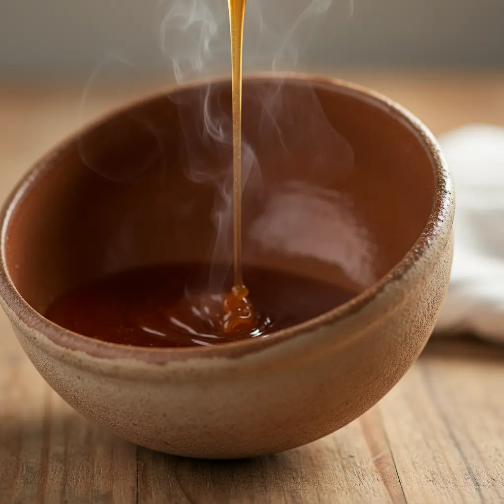 Caramelo para Natilla Cubana Caramelo líquido ámbar vertiéndose en molde de natilla cubana.