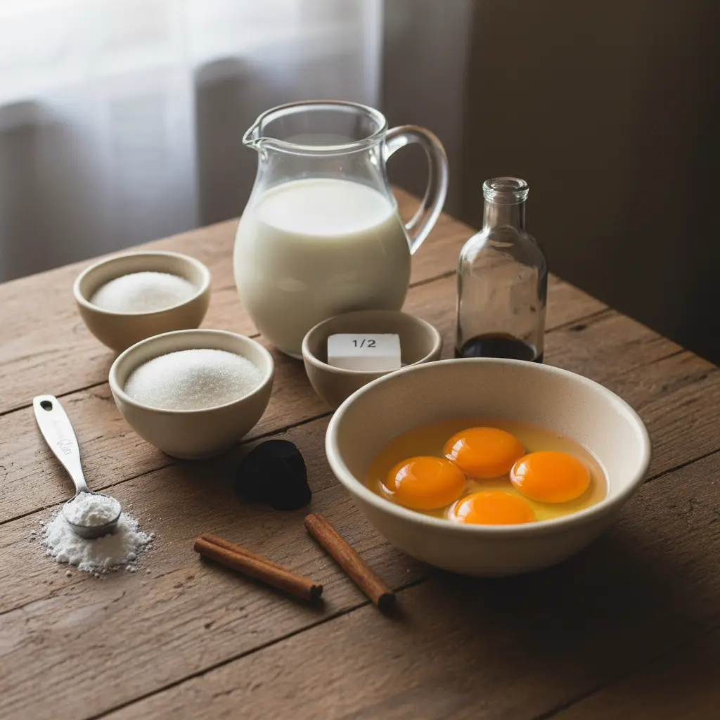 Ingredientes para Natilla Cubana con Caramelo Ingredientes frescos para natilla cubana: leche, azúcar, yemas, maicena, vainilla y canela.