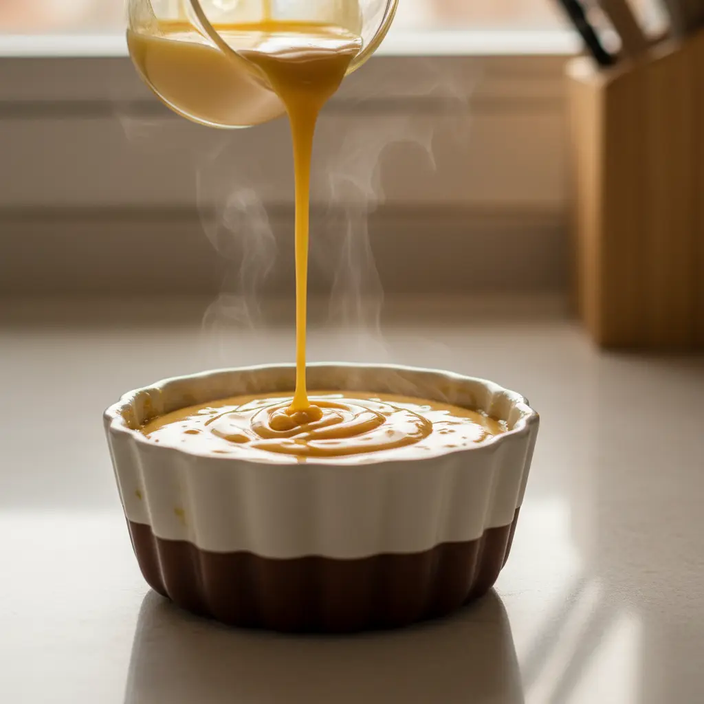 Natillas cremosas sobre caramelo Vertiendo natillas cremosas y amarillas sobre caramelo endurecido en molde.