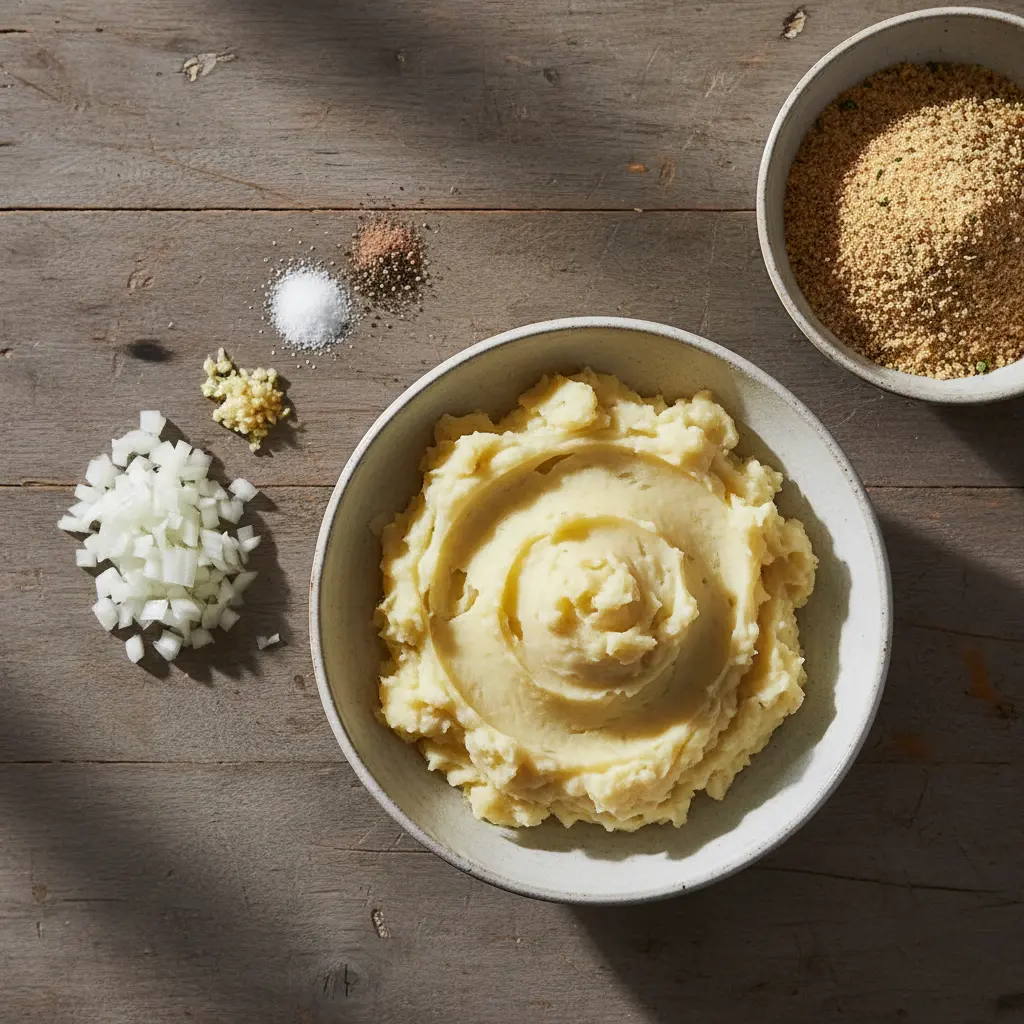 Croquetas Cubanas: Ingredientes Crudos Ingredientes crudos para croquetas cubanas: papas, cebolla, ajo, especias y pan rallado.