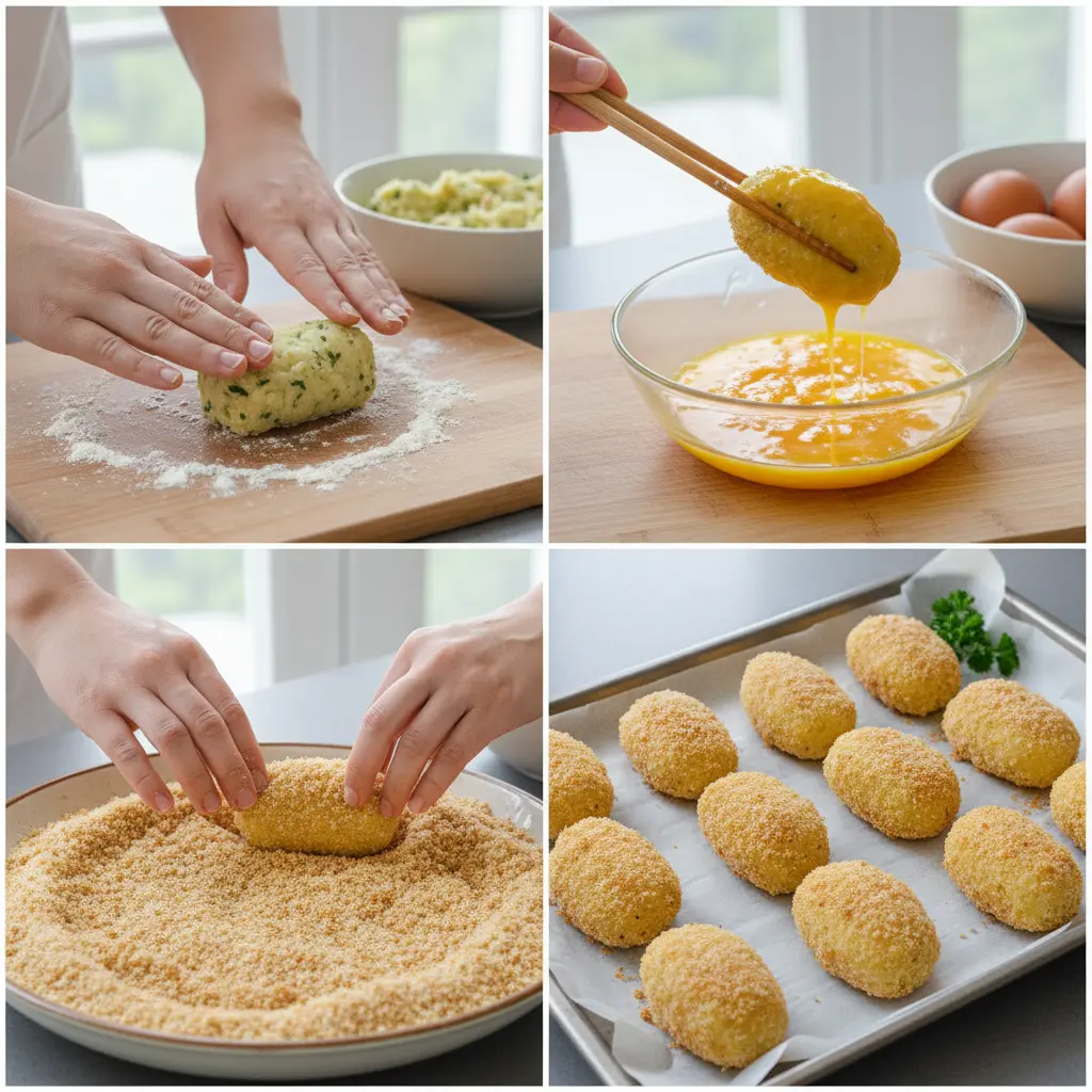 Guía: Cómo hacer croquetas de patata caseras Manos formando croquetas de patata, rebozándolas en huevo y pan rallado.
