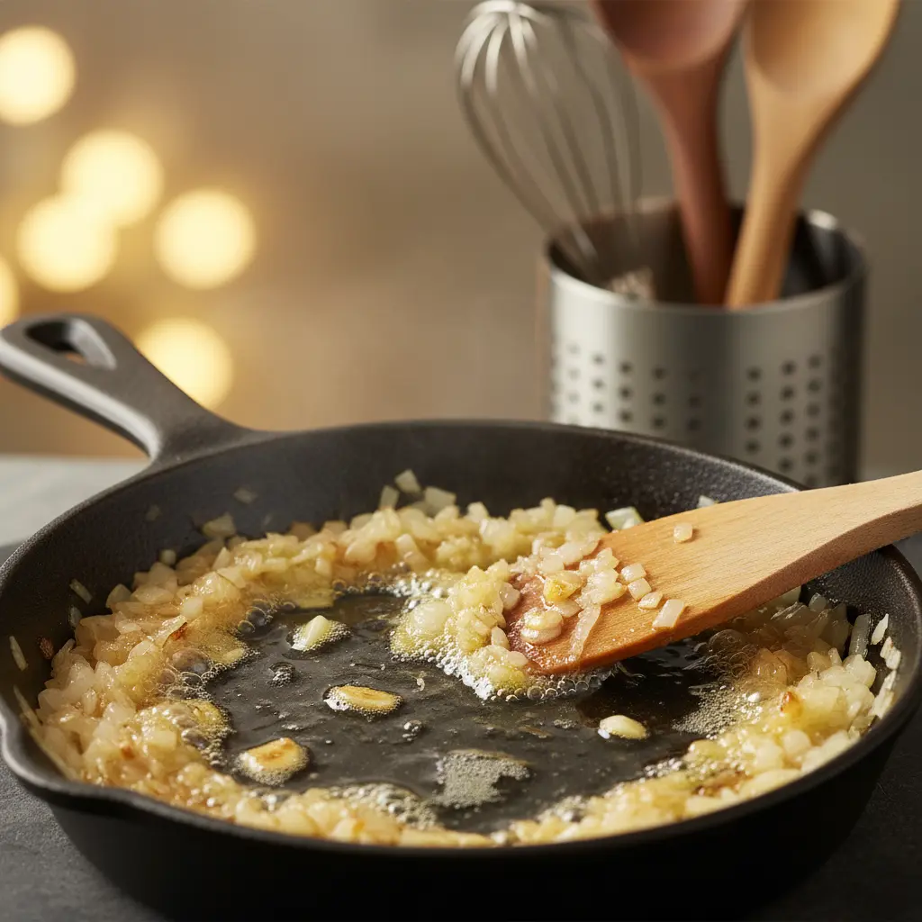 Sofrito de cebolla y ajo en sartén Sofrito dorado de cebolla y ajo cocinándose en aceite de oliva en sartén.