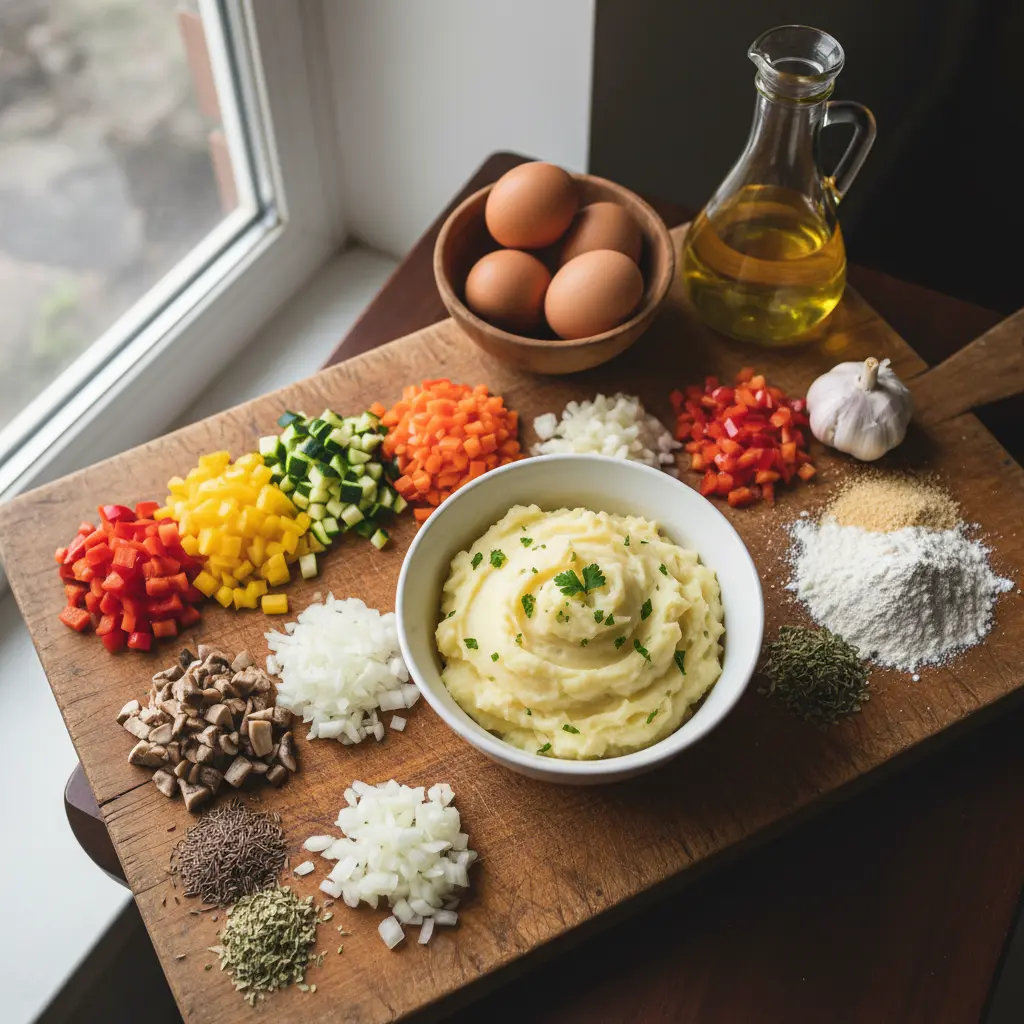 Ingredientes frescos para croquetas vegetarianas: puré, verduras, especias, huevos, pan rallado sobre tabla de madera.