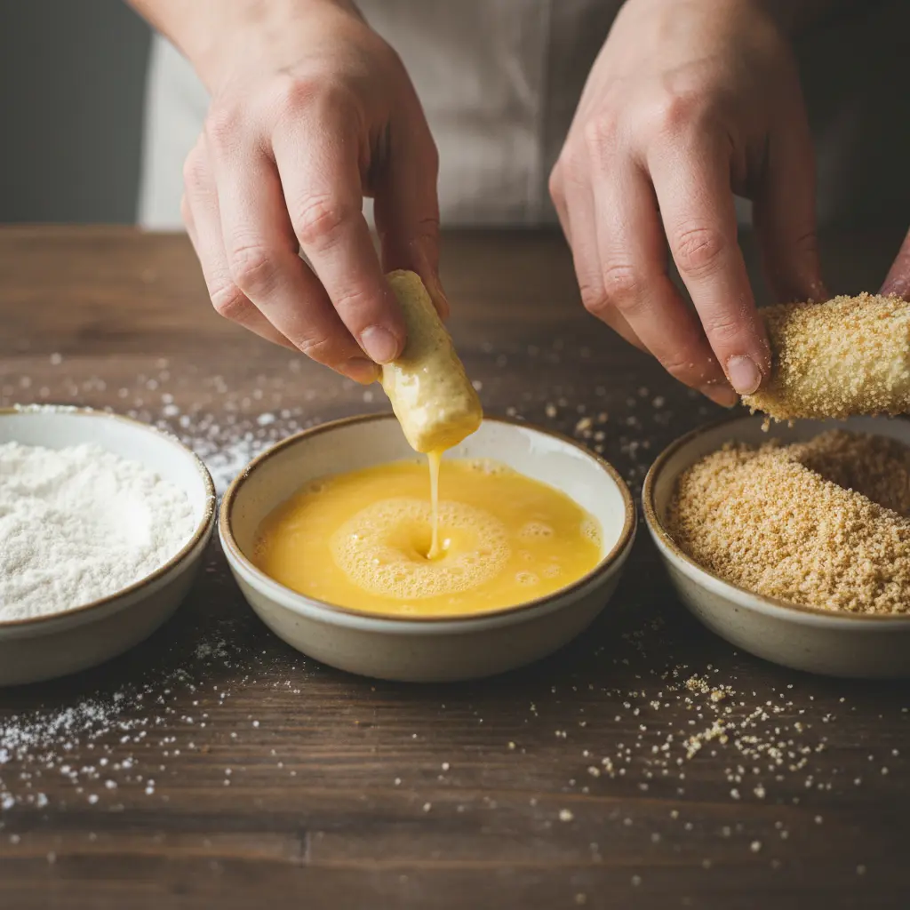 Proceso de rebozado de croquetas vegetarianas: mano enharina, huevo y pan rallado.