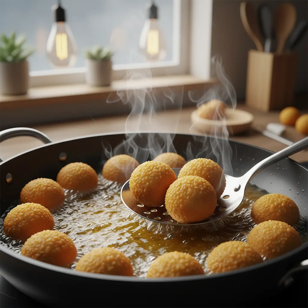 Croquetas caseras doradas y crujientes Croquetas caseras doradas y crujientes friéndose en aceite caliente.