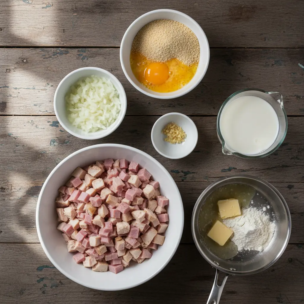 Prepara croquetas caseras cubanas: ingredientes frescos Ingredientes frescos para croquetas caseras cubanas: pollo, jamón, cebolla, ajo, mantequilla, harina, leche, huevo y panko.