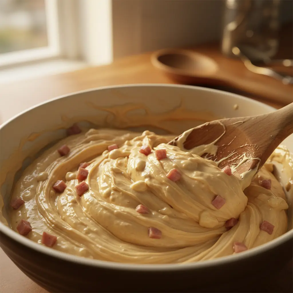 Relleno cremoso de croquetas: bechamel, jamón y pollo Mezcla cremosa de bechamel con jamón y pollo para croquetas en bol.