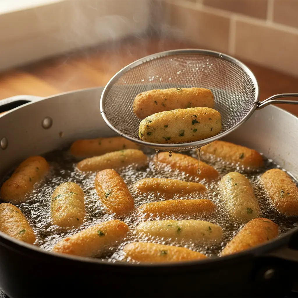 Croquetas de acelga cubanas dorándose en aceite caliente, primer plano.