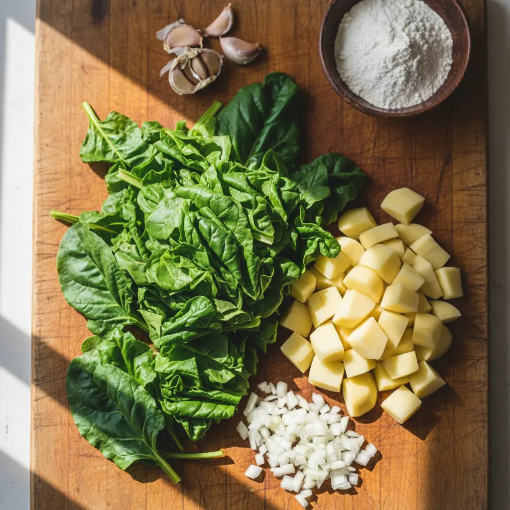 Ingredientes frescos para croquetas de acelga cubanas: acelga verde, papas, cebolla, ajo y harina.