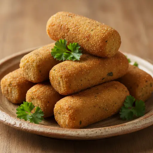 Croquetas de berenjena doradas y crujientes apiladas en plato rústico con perejil fresco.