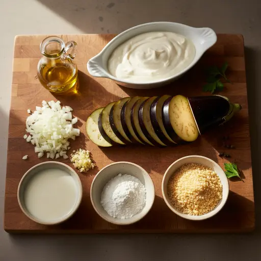 Ingredientes frescos para croquetas de berenjena cubanas: berenjenas, cebolla, ajo, leche, harina, pan rallado, bechamel, aceite.