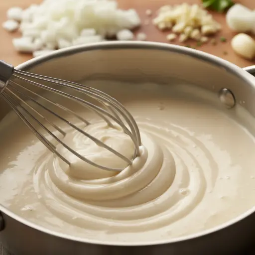 Salsa bechamel cremosa y suave en cacerola con cebolla y ajo picados.