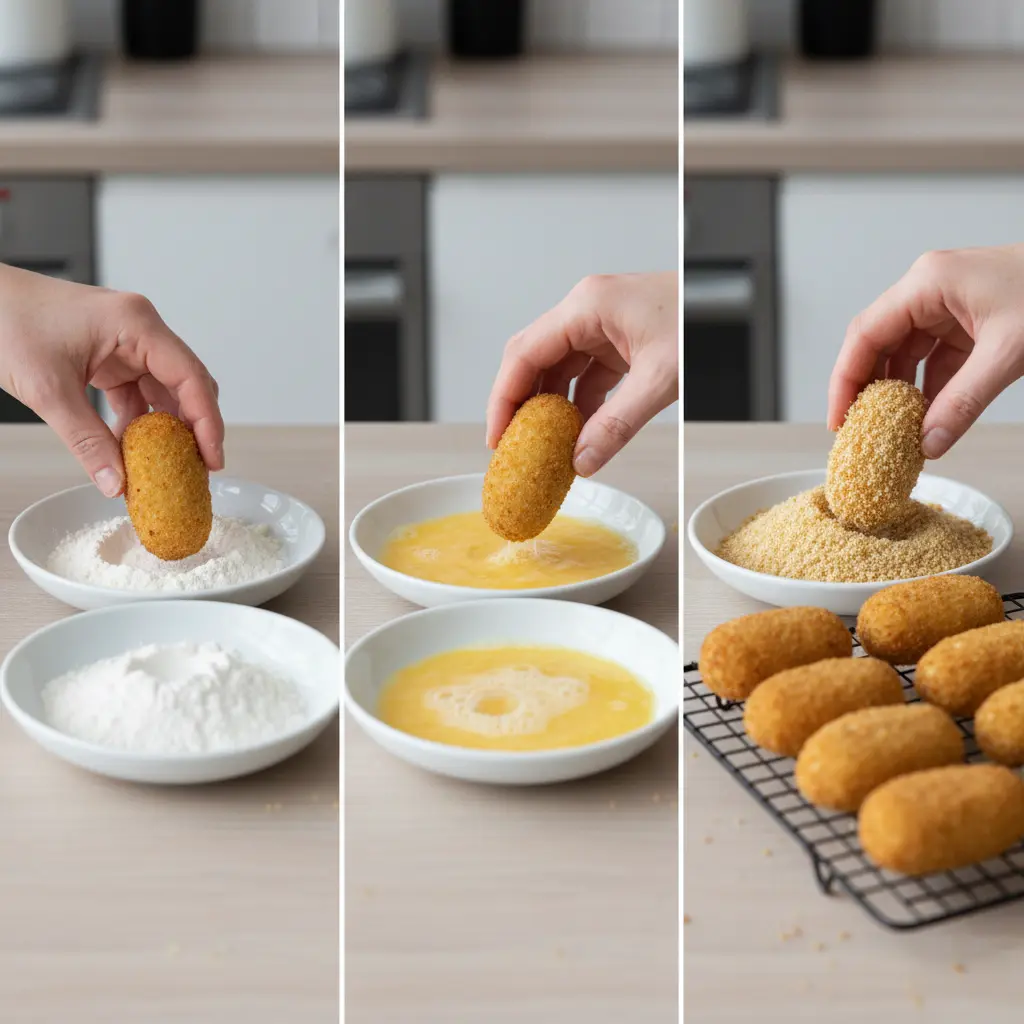 Guía paso a paso: rebozar croquetas en harina, huevo y pan rallado.