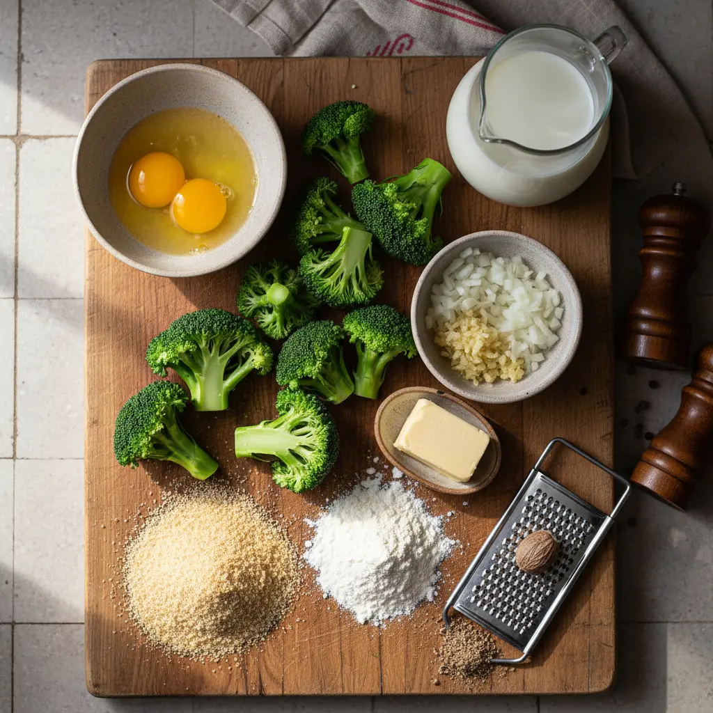 Ingredientes frescos para croquetas cubanas: brócoli, cebolla, ajo, mantequilla, leche, huevo, nuez moscada.