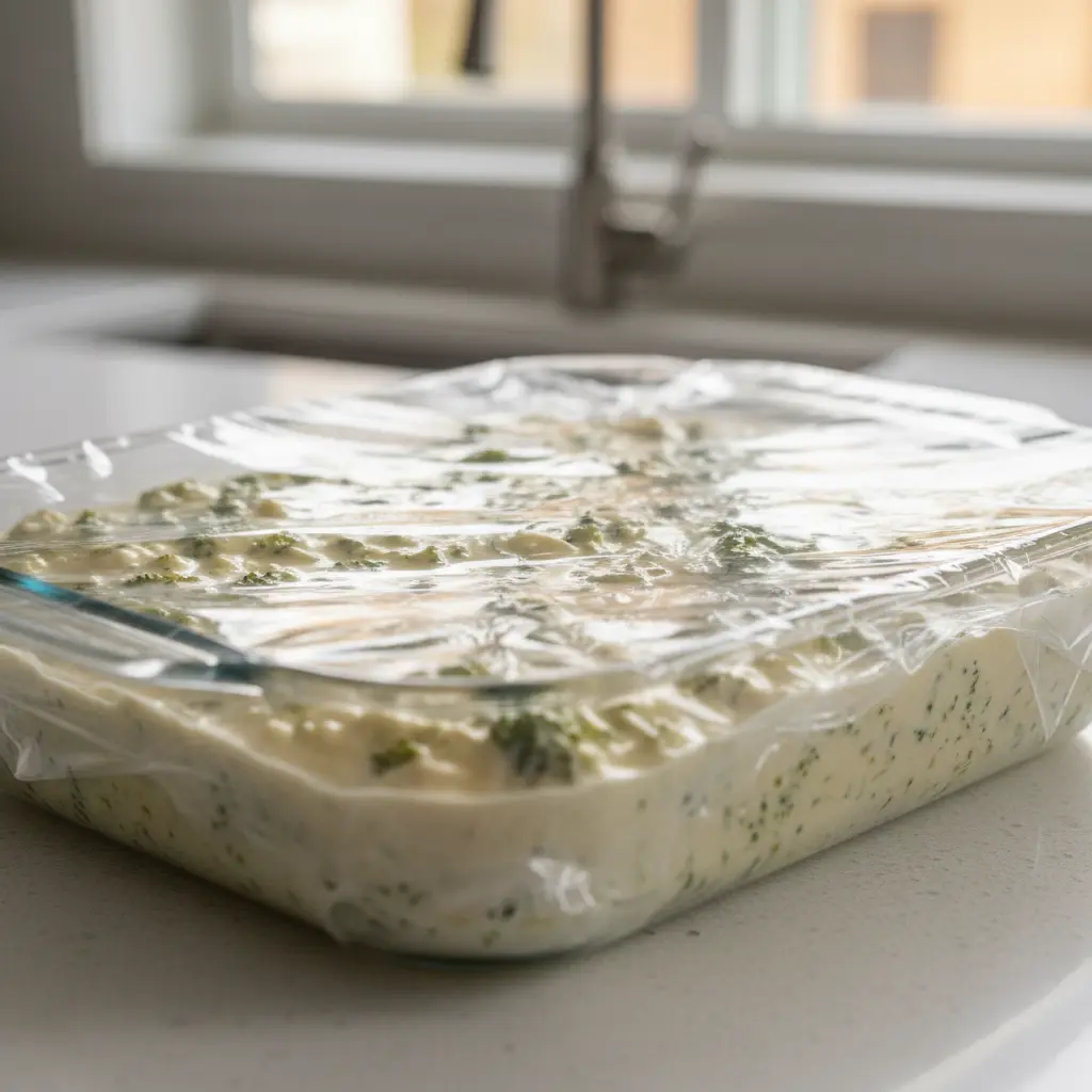 Mezcla cremosa de brócoli y bechamel en plato de vidrio, cubierta para enfriar.