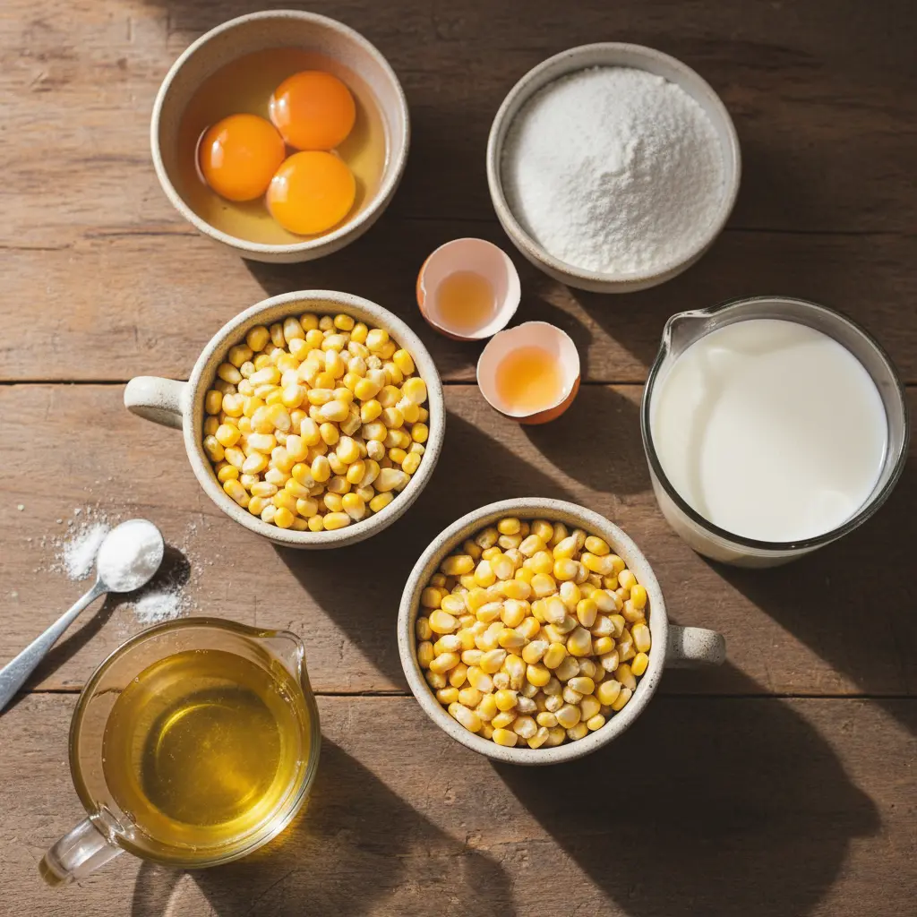 Ingredientes para pan de maíz cubano: maíz, harina, azúcar, leche, huevos, mantequilla, levadura, sal.