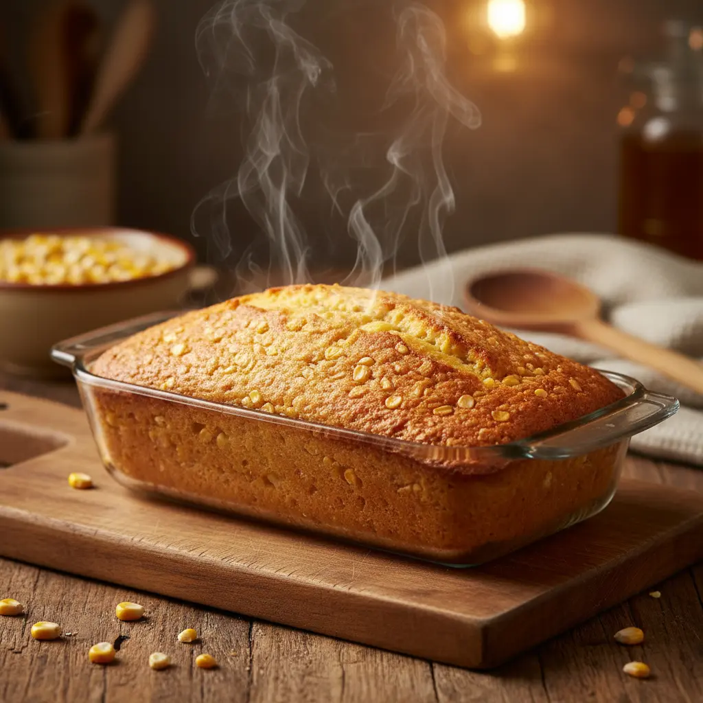 Pan de maíz cubano dorado horneándose en molde de vidrio, con vapor y granos de maíz visibles.