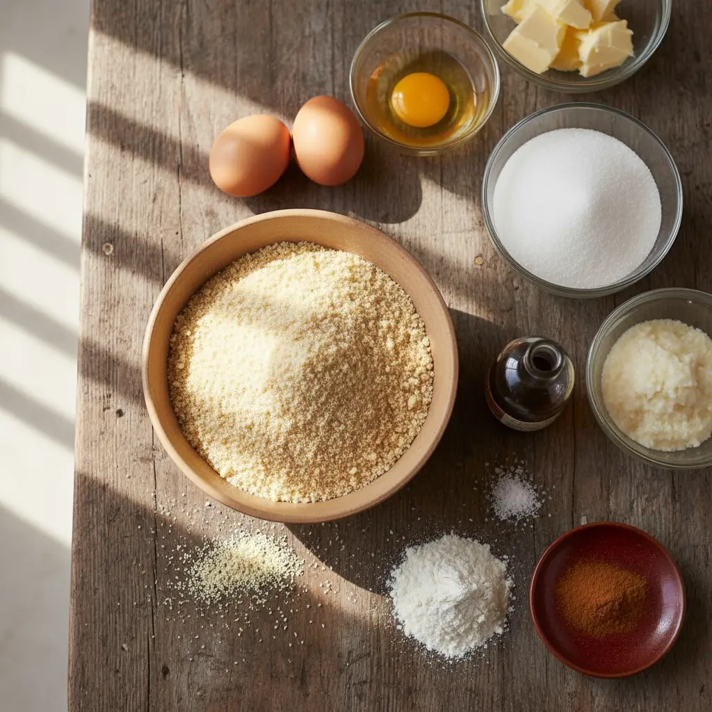 Panetela de Almendras Cubana: Ingredientes Frescos Ingredientes frescos para panetela de almendras cubana: almendras molidas, azúcar, huevos, mantequilla, harina, vainilla, canela.