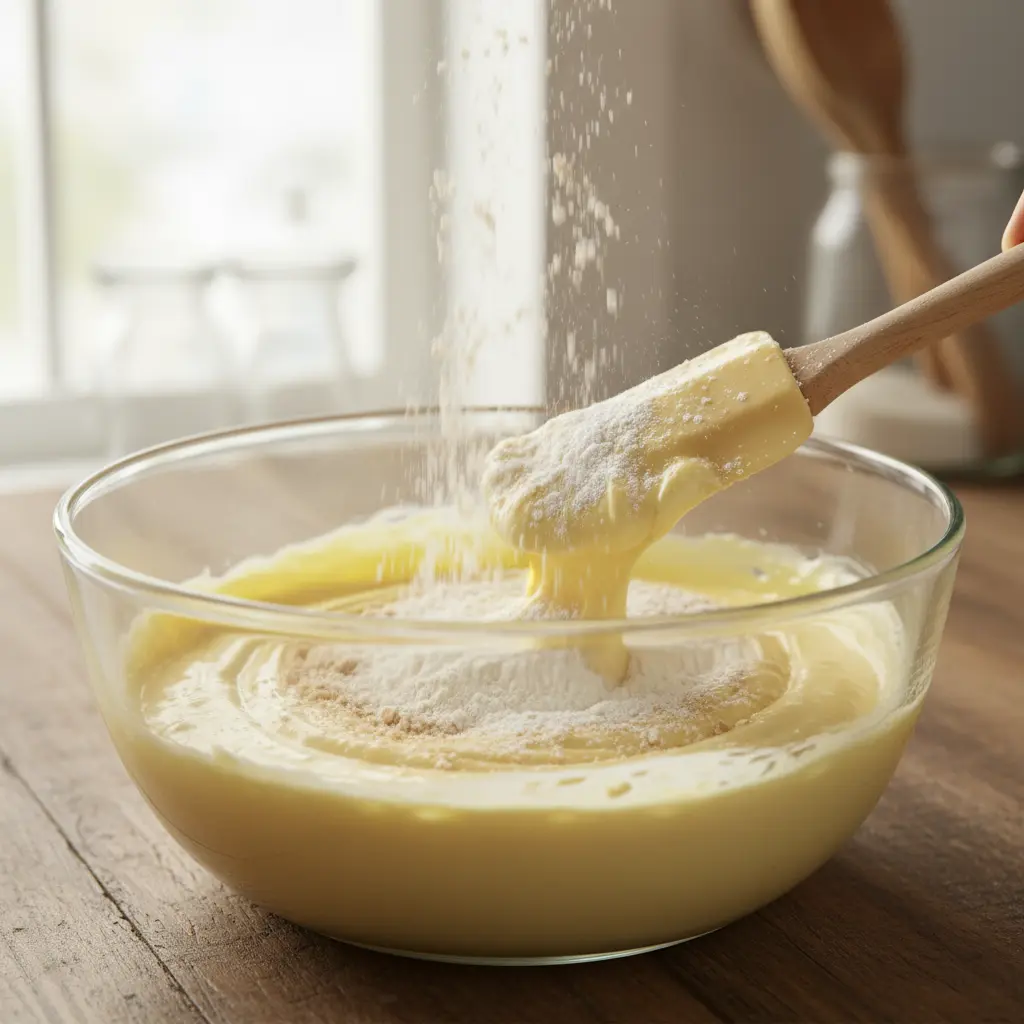 Preparación de masa cremosa con harina y almendras Mezcla cremosa amarilla en bol de vidrio, integrando harina y almendras molidas.