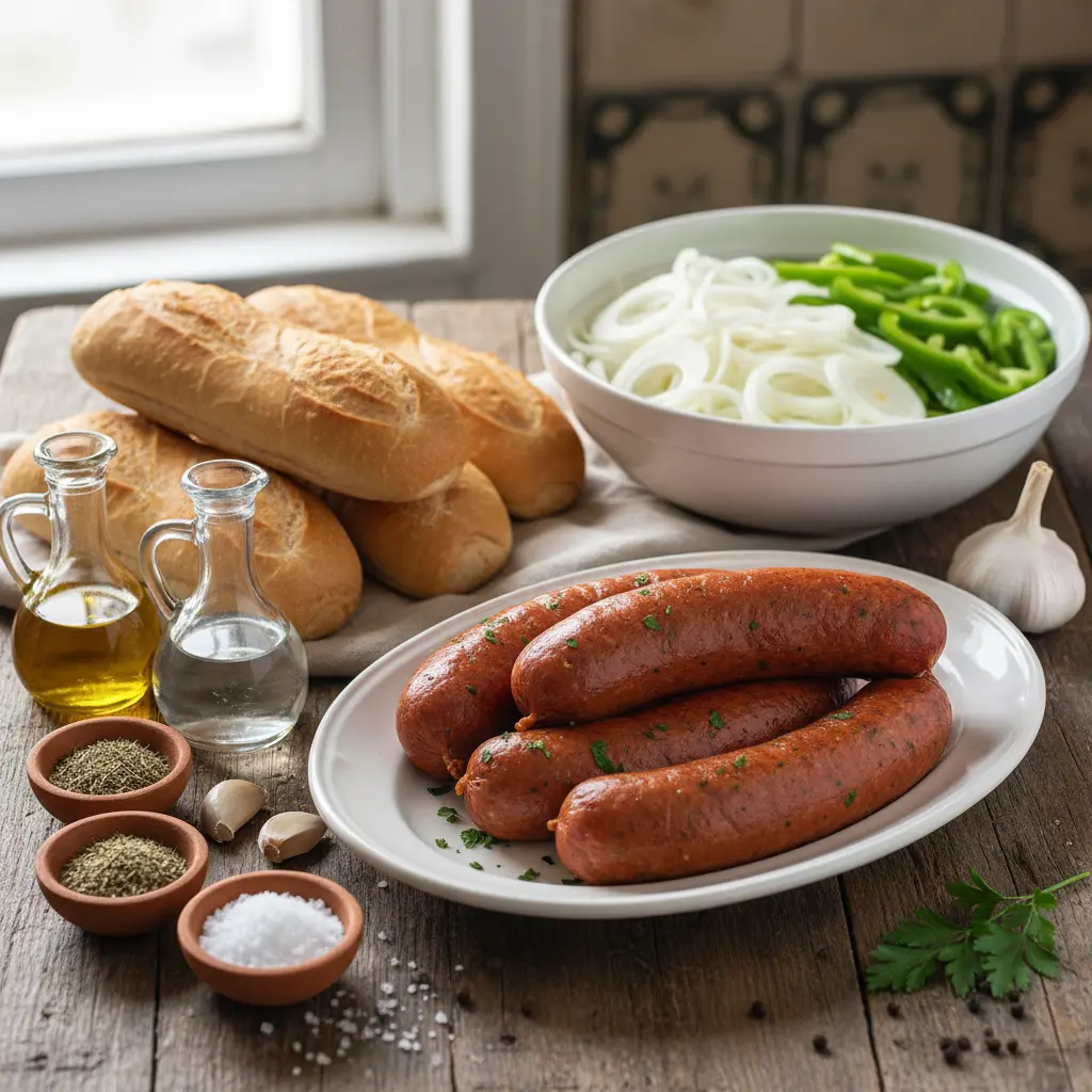 Ingredientes frescos para choripán cubano: chorizos, pan, cebolla, pimiento y especias.