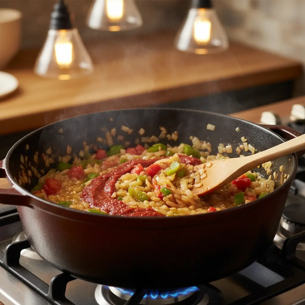 Sofrito cubano: cebolla, ajo, pimiento y tomate Sofrito cubano dorado en olla pesada, con cebolla, ajo, pimiento y tomate.