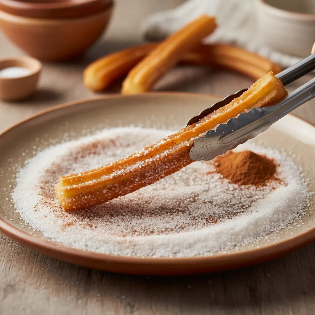 Churros cubanos recién fritos en azúcar y canela, con pinzas.
