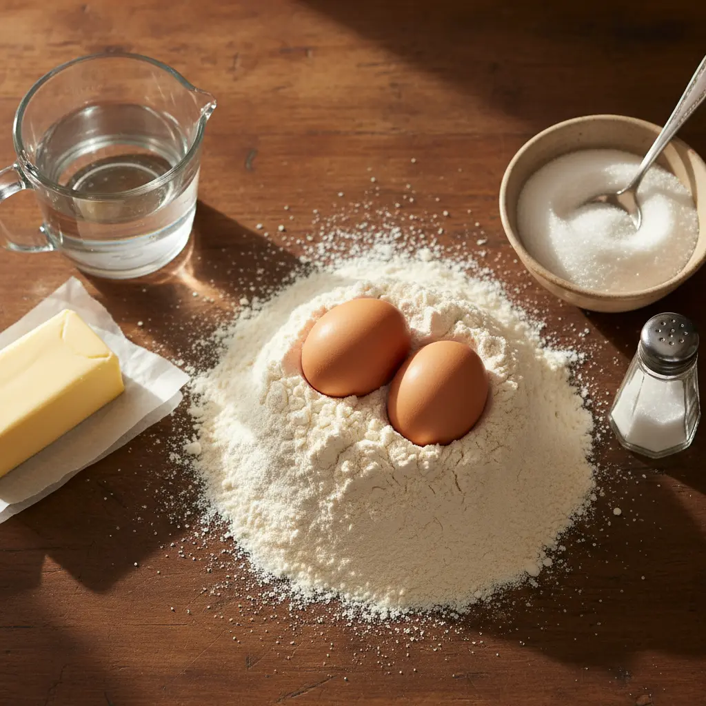 Ingredientes frescos para churros cubanos: harina, huevos, azúcar, mantequilla, agua, sal.