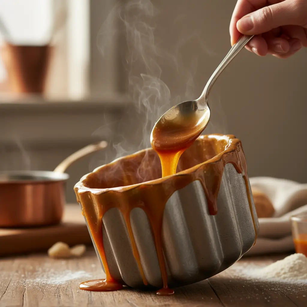 Caramelo dorado líquido se vierte en molde metálico acanalado, creando remolinos. Vapor caliente.