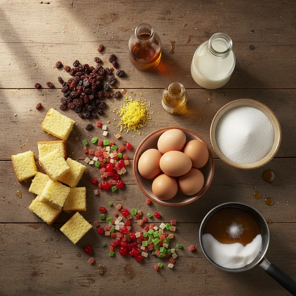 Ingredientes para pudín diplomático cubano: bizcocho, pasas, frutas confitadas, huevos, leche, ron.