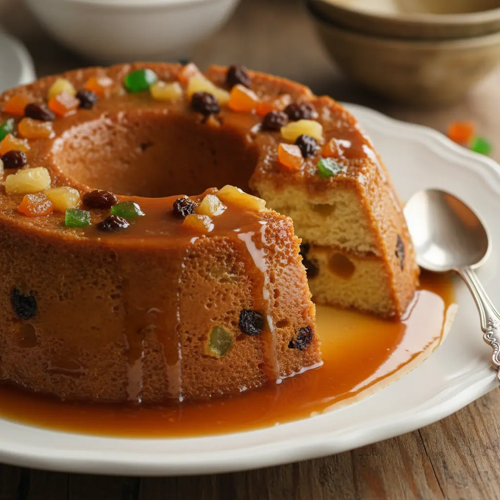 Pudín diplomático cubano dorado con caramelo líquido y frutas confitadas.