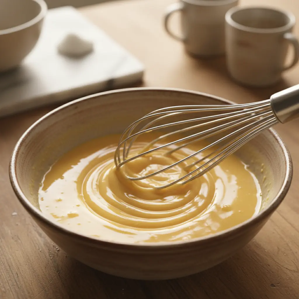 Batir huevos y azúcar en bol de cerámica, tonos amarillos pálidos y espumosos.