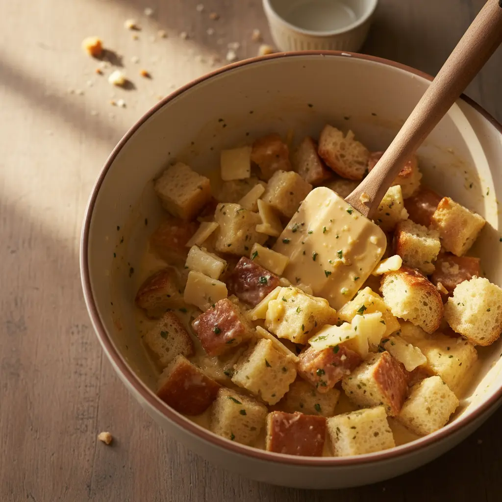 Mezcla de pan y queso en bol con líquido, vista aérea. Espátula integrando ingredientes.