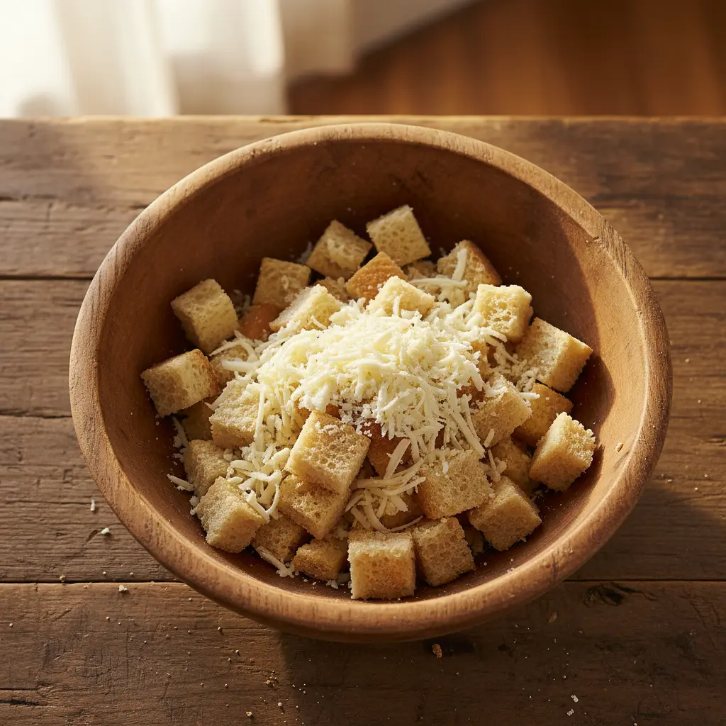 Pan cubano rallado y queso blanco en bol grande, vista cenital, luz natural.